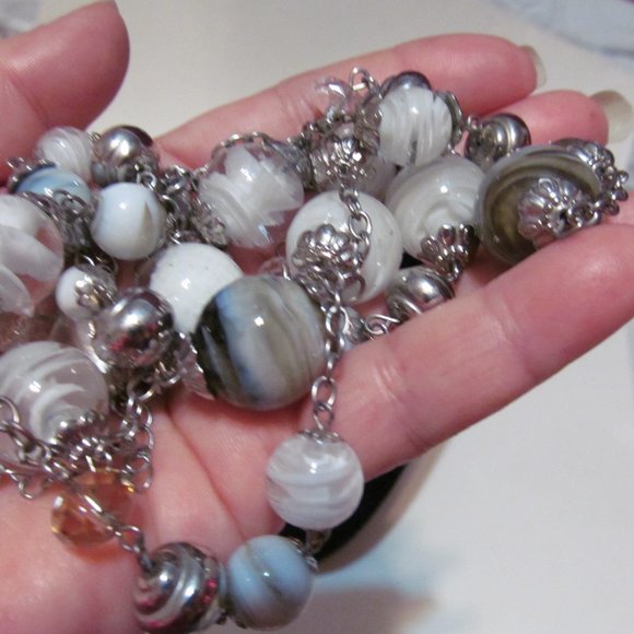 Silver tone large white glass beads swirl design long necklace - Picture 2 of 3